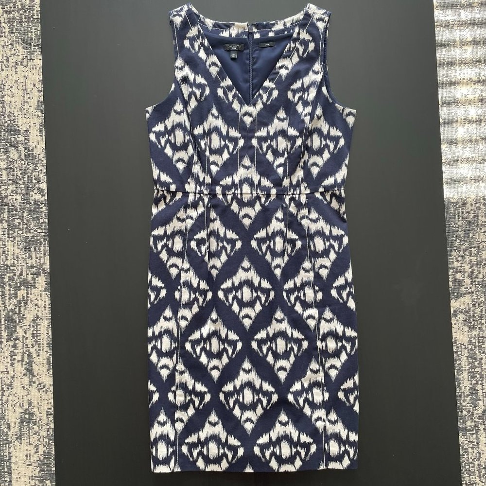 TALBOTS Navy and Beige V-Neck Dress, Womens Size 6 Petite; Ready to Ship